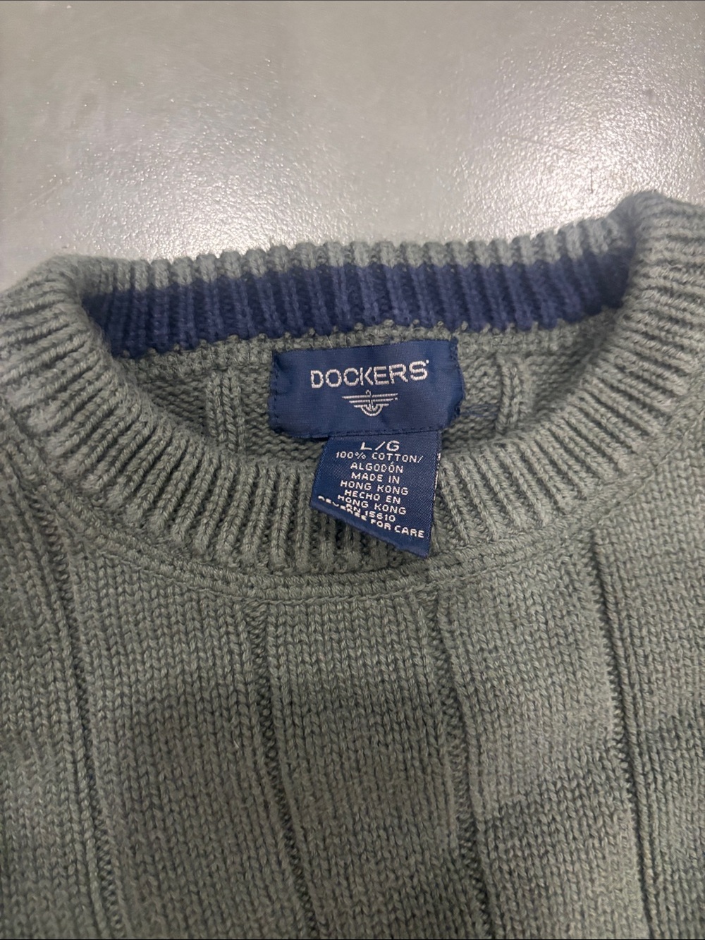 Dockers Men's Light Olive Crewneck Sweater with Navy Trim